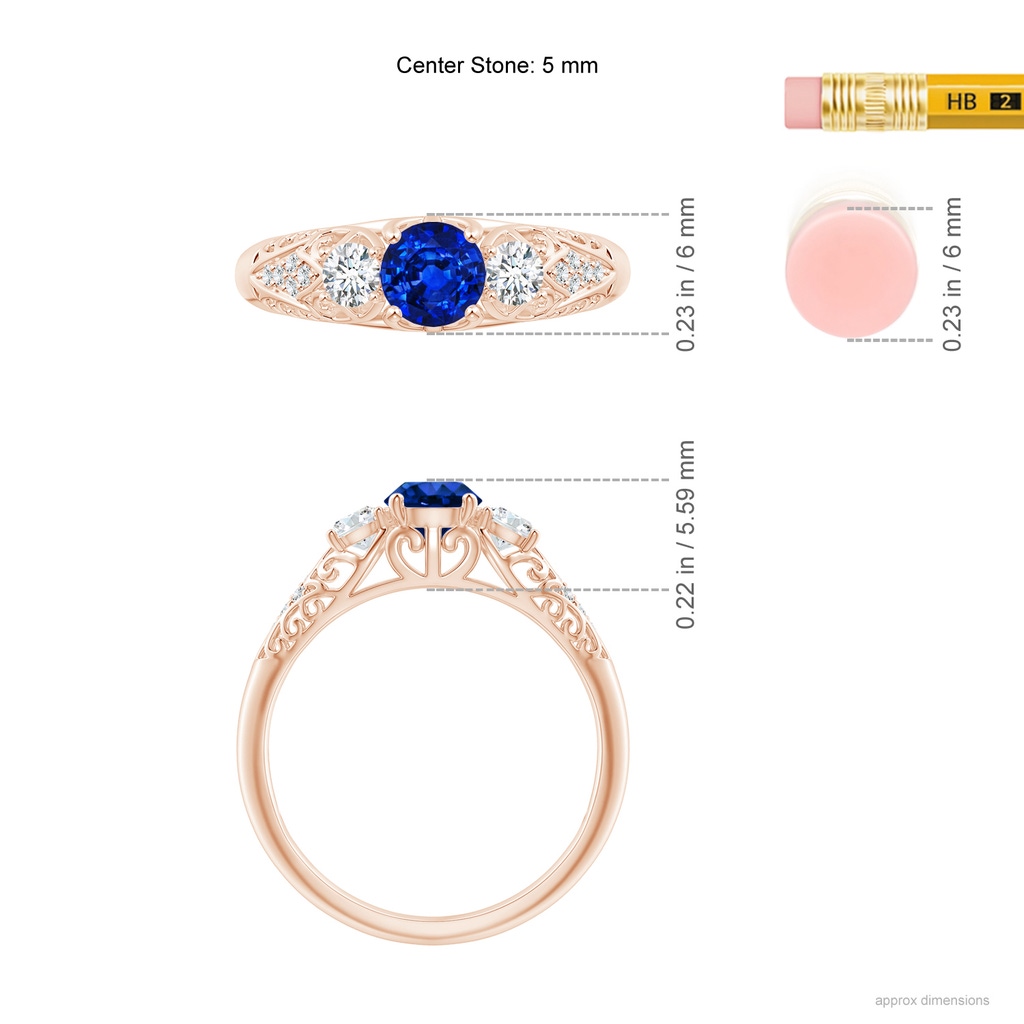 5mm AAAA Aeon Vintage Style Sapphire and Diamond Three Stone Engagement Ring in Rose Gold Ruler