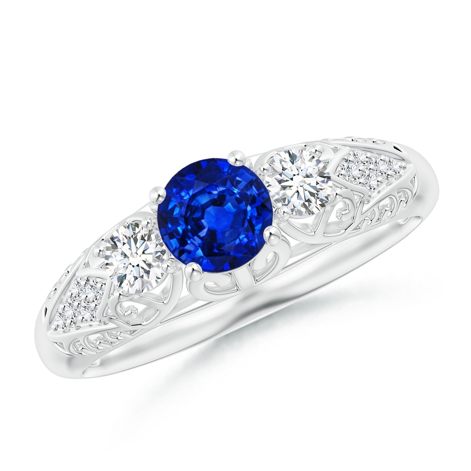 5mm AAAA Aeon Vintage Style Sapphire and Diamond Three Stone Engagement Ring in White Gold 