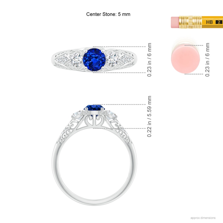 5mm AAAA Aeon Vintage Style Sapphire and Diamond Three Stone Engagement Ring in White Gold ruler