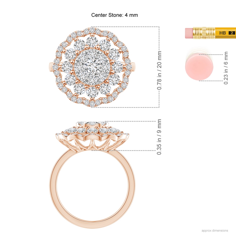4mm HSI2 Composite Diamond Cocktail Ring with Scalloped Halo in Rose Gold ruler