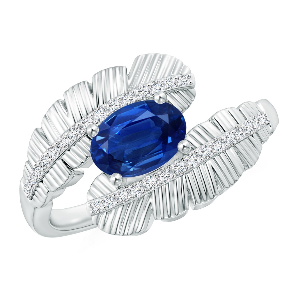 7x5mm AAA Oval Sapphire Virgo Feather Bypass Ring with Diamonds in White Gold