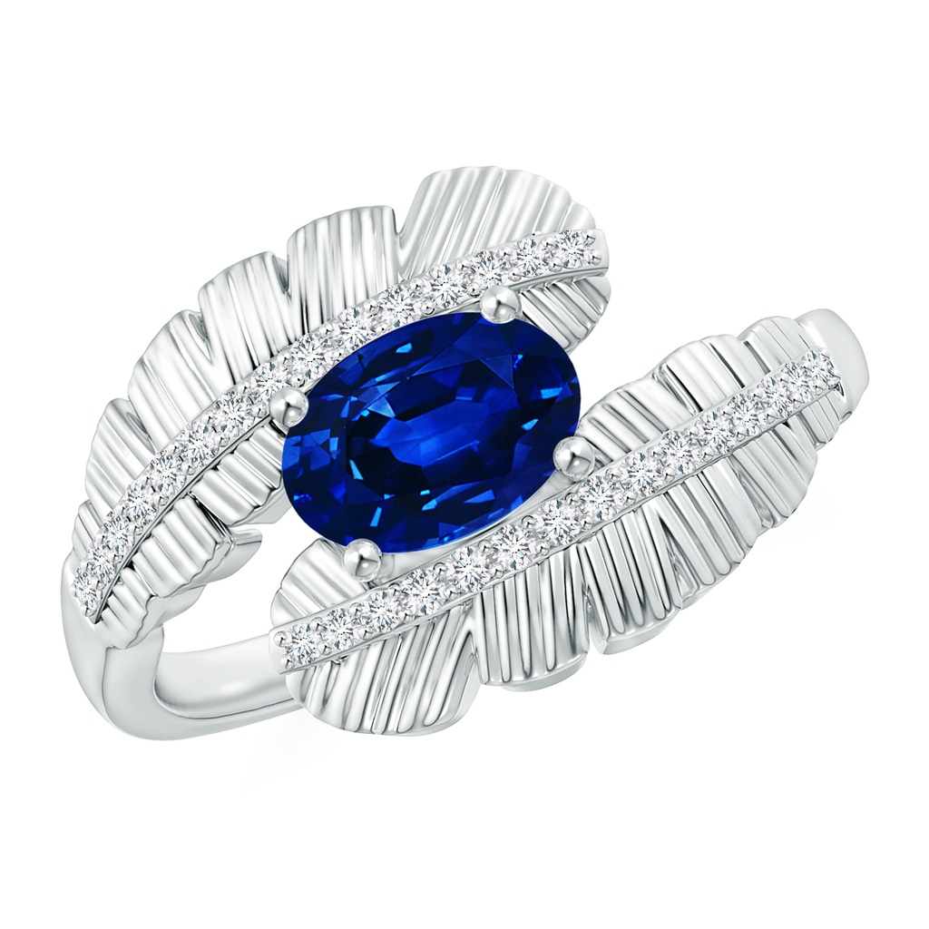 7x5mm AAAA Oval Sapphire Virgo Feather Bypass Ring with Diamonds in White Gold 