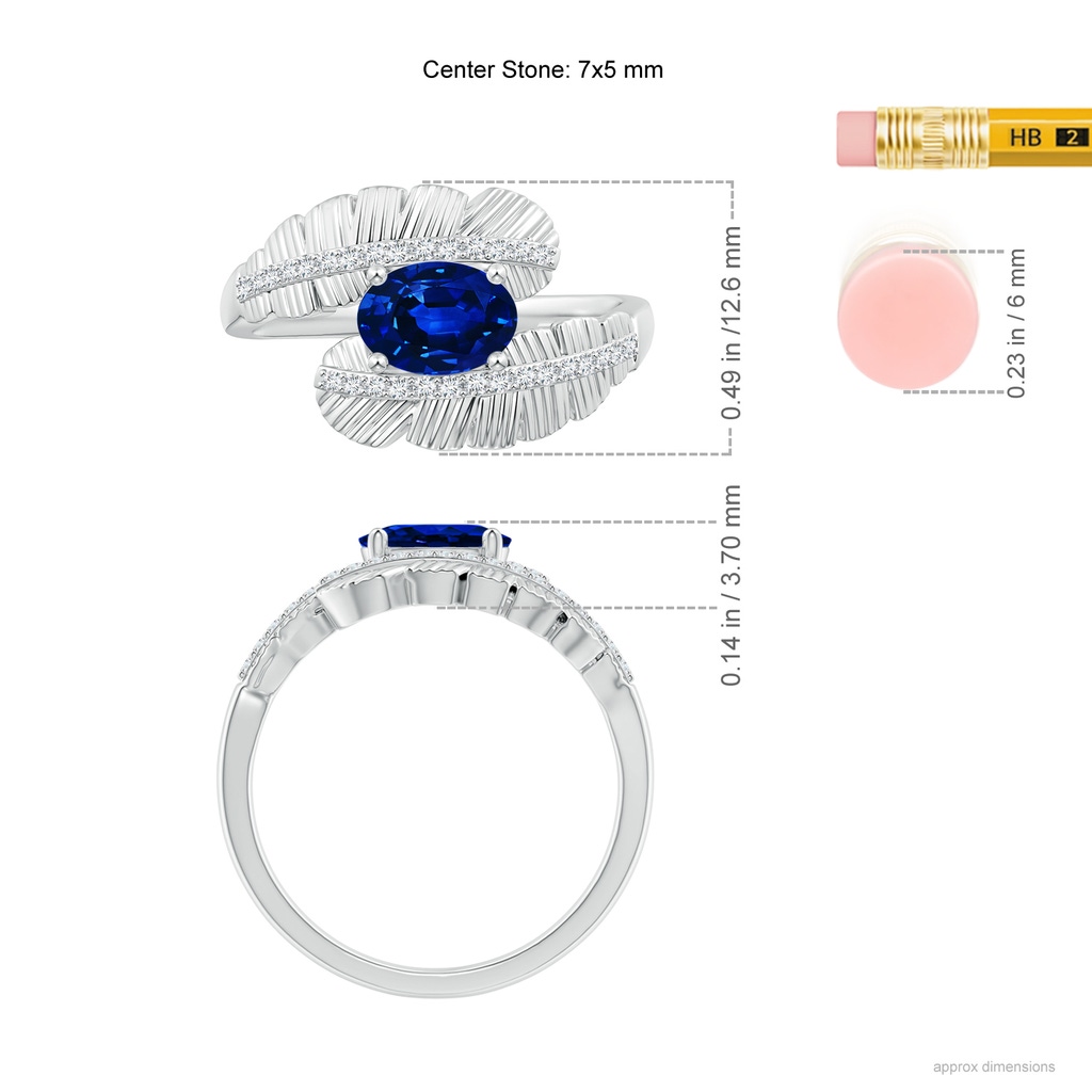 7x5mm AAAA Oval Sapphire Virgo Feather Bypass Ring with Diamonds in White Gold Ruler