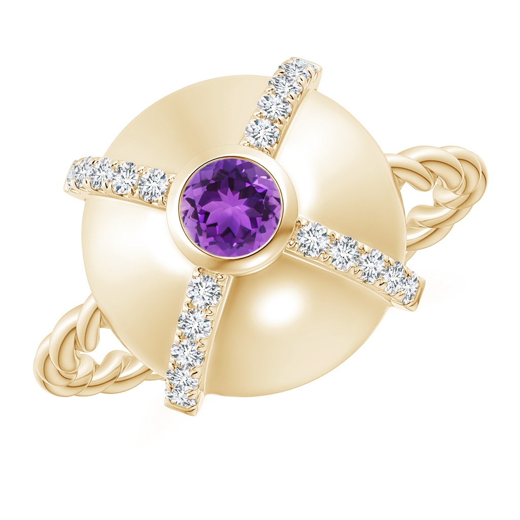 4mm AAA Amethyst Aquarius Criss-Cross Domed Ring with Diamonds in Yellow Gold