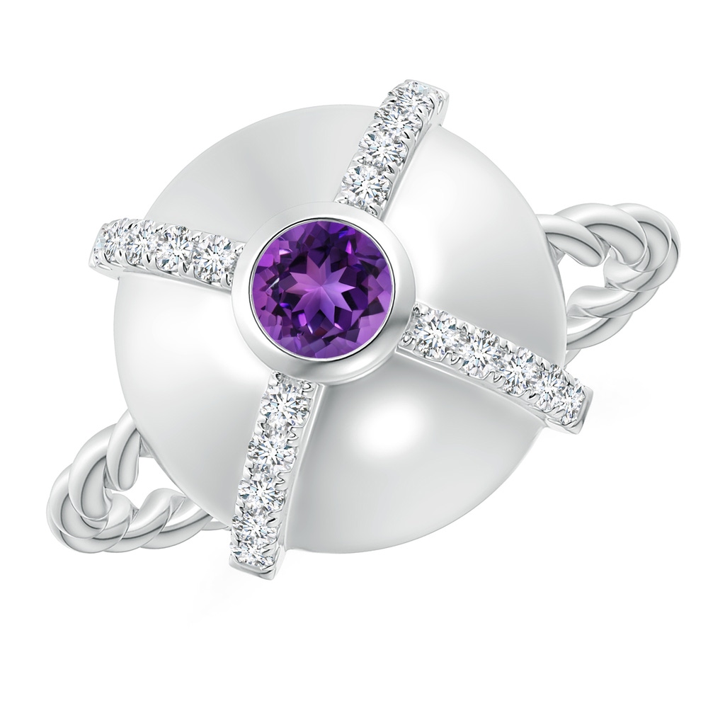 4mm AAAA Amethyst Aquarius Criss-Cross Domed Ring with Diamonds in White Gold