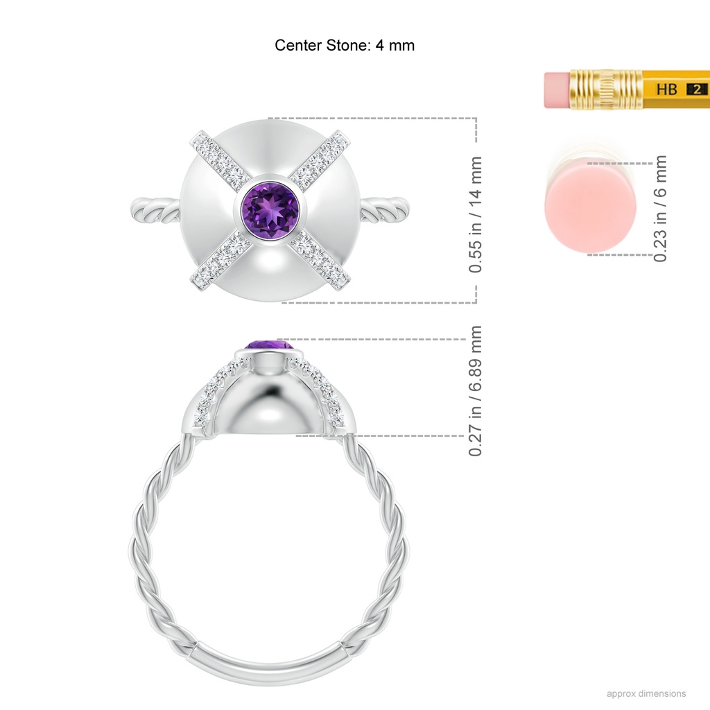 4mm AAAA Amethyst Aquarius Criss-Cross Domed Ring with Diamonds in White Gold Ruler