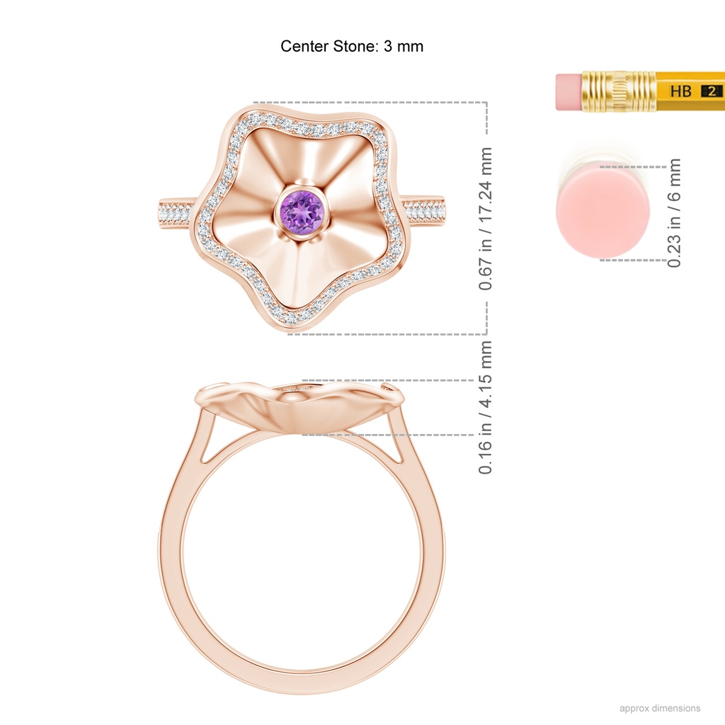 3mm AAAA Bezel-Set Amethyst Aquarius Floral Ring in Rose Gold Ruler