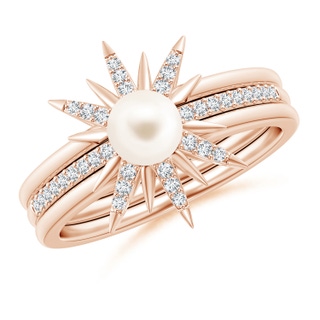 5mm AAA Starburst Freshwater Pearl and Diamond Gemini Stackable Ring in Rose Gold