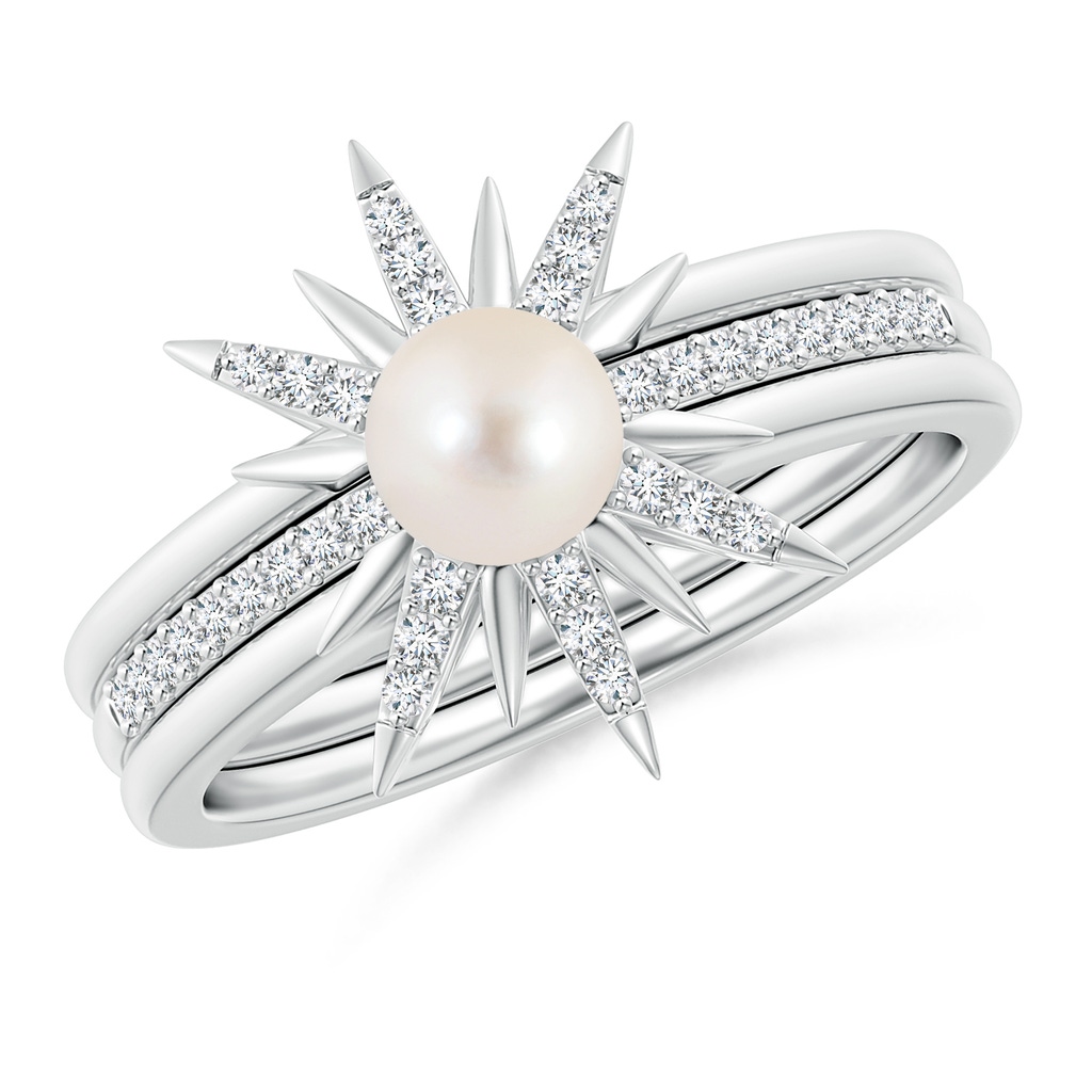 5mm AAAA Starburst Freshwater Pearl and Diamond Gemini Stackable Ring in White Gold