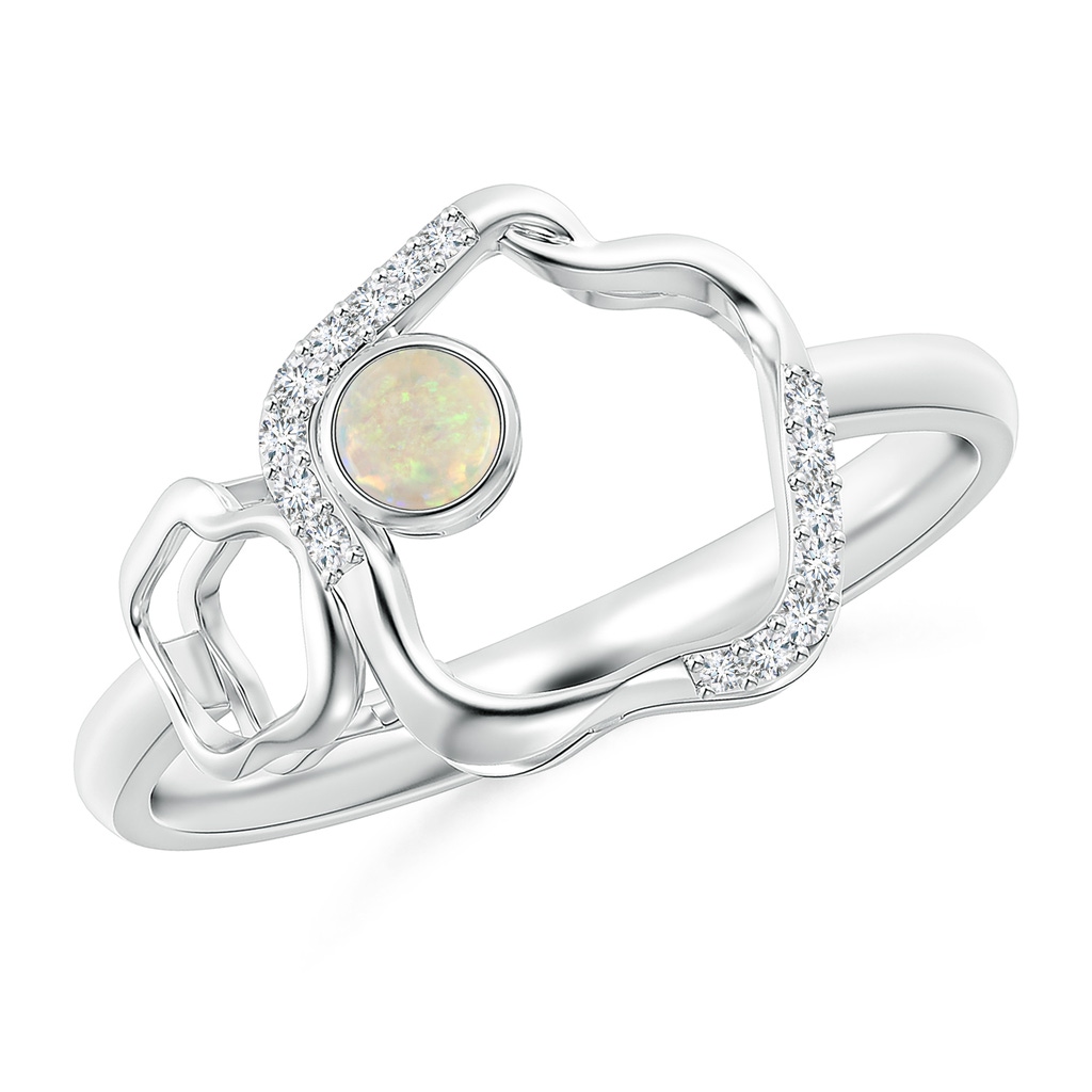 3mm AAA Bezel-Set Opal Libra Floral Ribbon Ring with Diamond Accents in White Gold