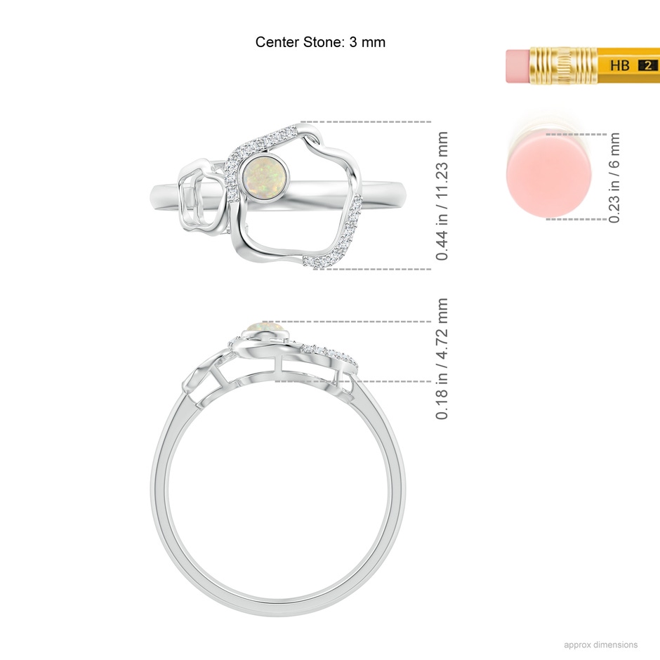 3mm AAA Bezel-Set Opal Libra Floral Ribbon Ring with Diamond Accents in White Gold ruler