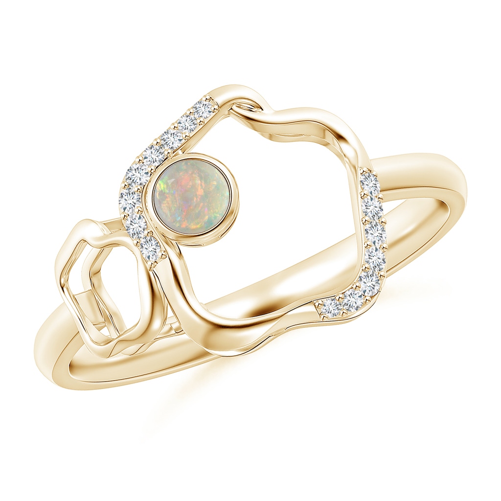 3mm AAAA Bezel-Set Opal Libra Floral Ribbon Ring with Diamond Accents in Yellow Gold