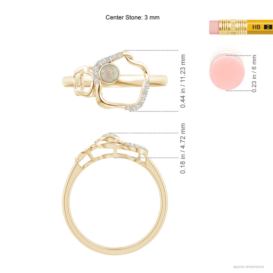 3mm AAAA Bezel-Set Opal Libra Floral Ribbon Ring with Diamond Accents in Yellow Gold ruler