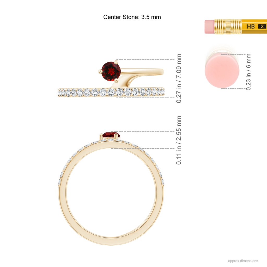 3.5mm AAAA Garnet Capricorn Double Shank Ring with Diamonds in Yellow Gold Ruler
