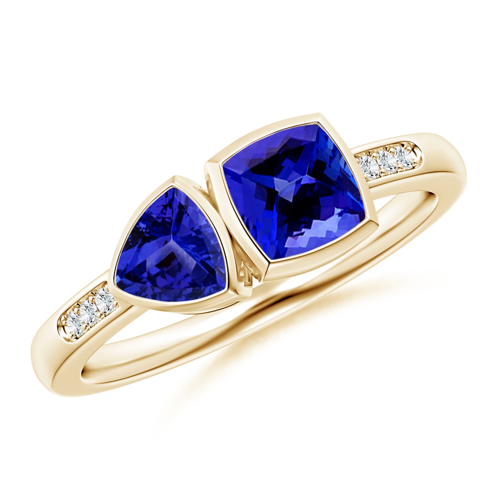 5mm AAAA Cushion & Trillion Tanzanite Sagittarius Two Stone Ring in Yellow Gold