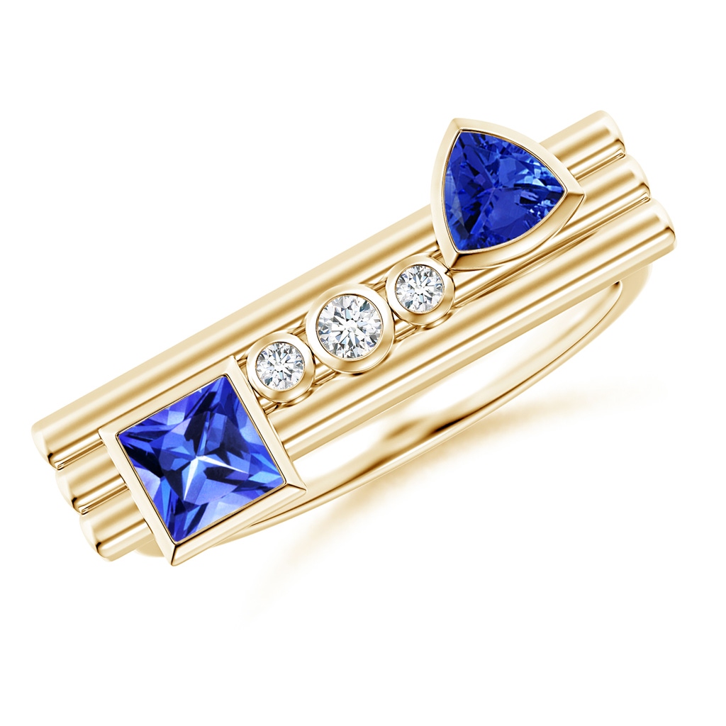 4mm AAA Square & Trillion Tanzanite Sagittarius Ring with Diamonds in Yellow Gold