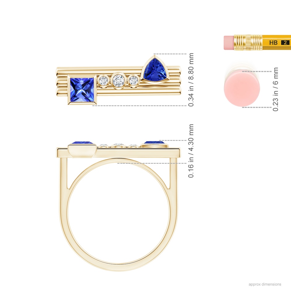 4mm AAA Square & Trillion Tanzanite Sagittarius Ring with Diamonds in Yellow Gold ruler