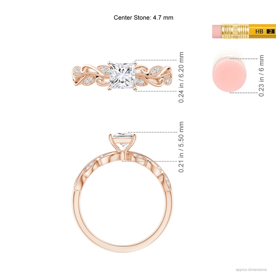 4.7mm GVS2 Vintage Inspired Princess-Cut Diamond Ring with Scrollwork in Rose Gold ruler
