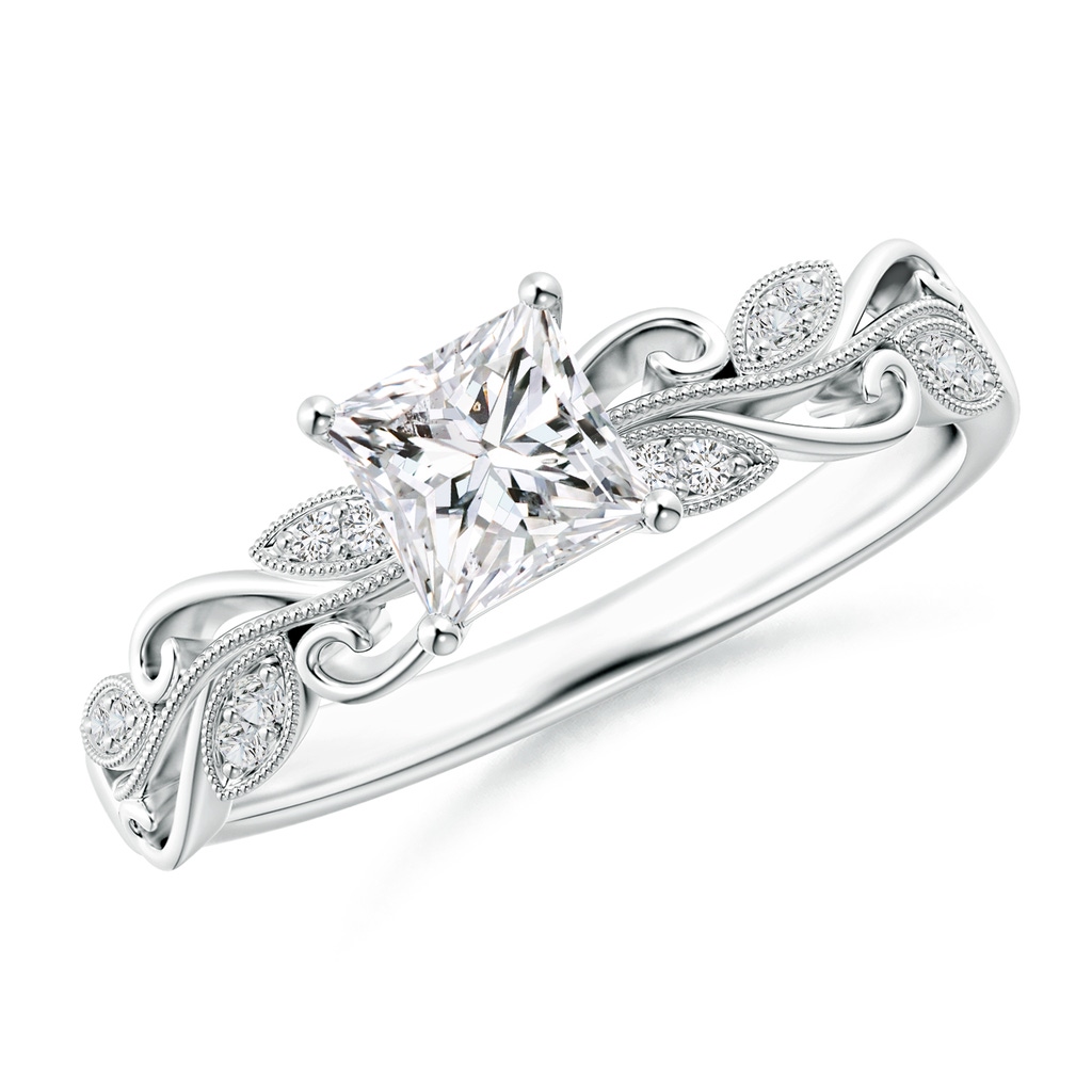 4.7mm HSI2 Vintage Inspired Princess-Cut Diamond Ring with Scrollwork in 18K White Gold
