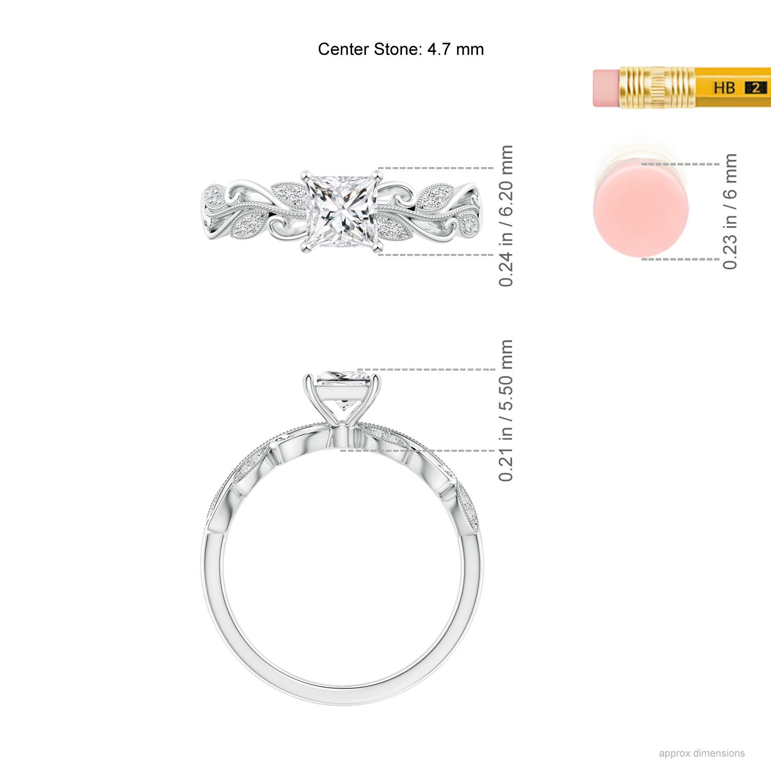 4.7mm HSI2 Vintage Inspired Princess-Cut Diamond Ring with Scrollwork in 18K White Gold - ruler