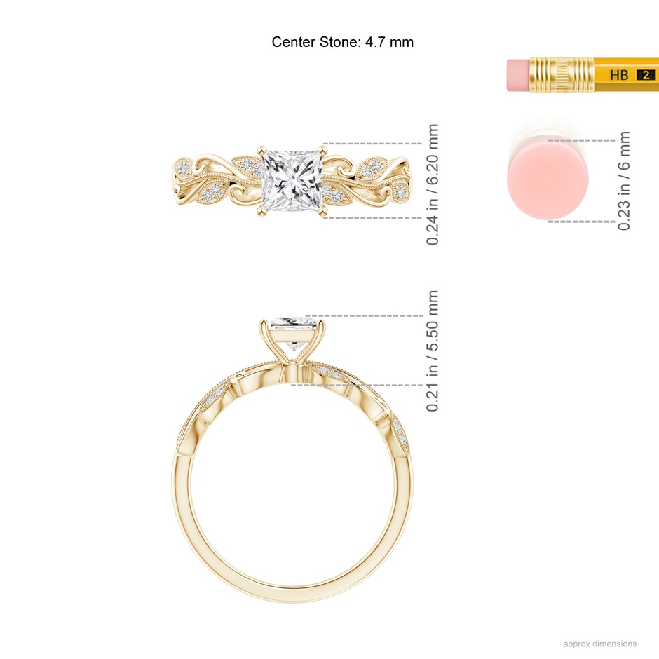 4.7mm HSI2 Vintage Inspired Princess-Cut Diamond Ring with Scrollwork in Yellow Gold ruler
