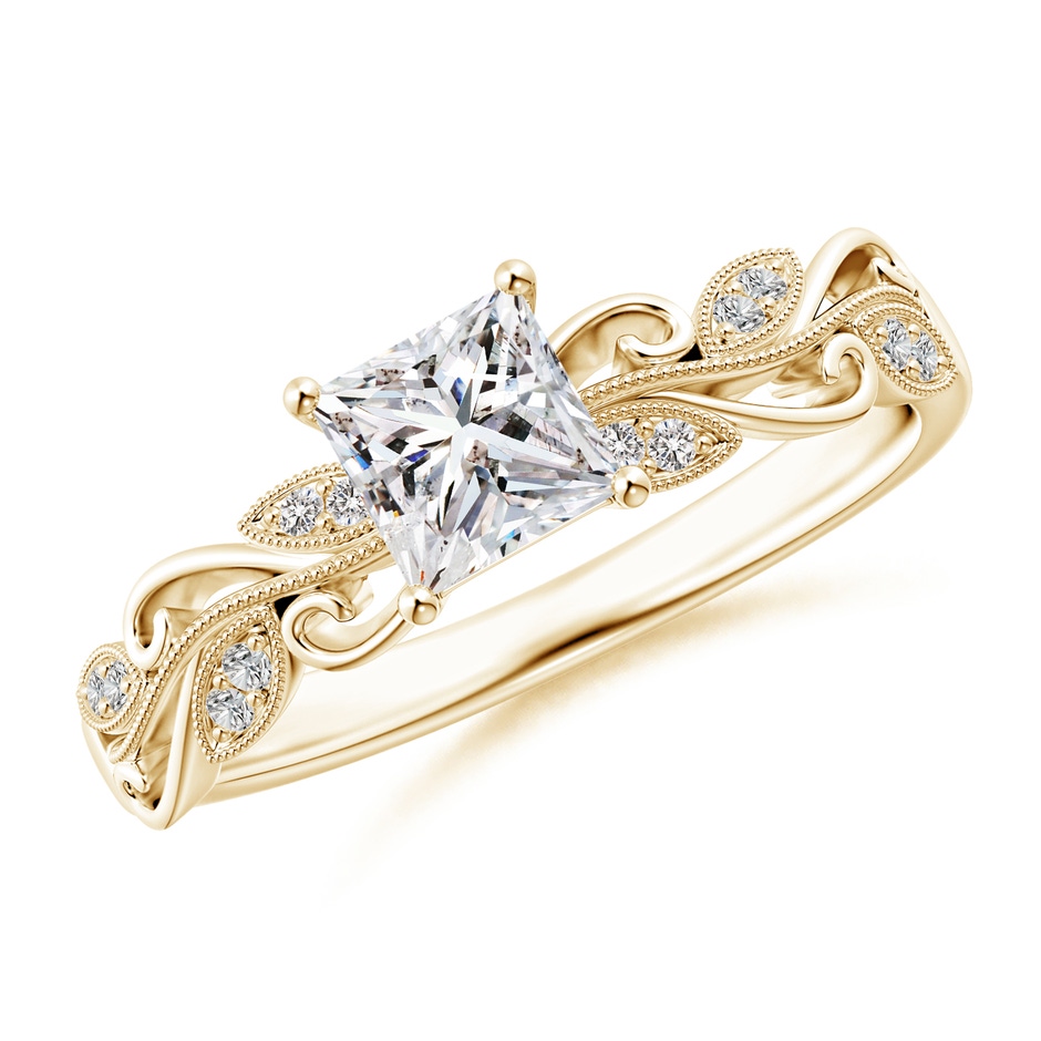 4.7mm IJI1I2 Vintage Inspired Princess-Cut Diamond Ring with Scrollwork in Yellow Gold 