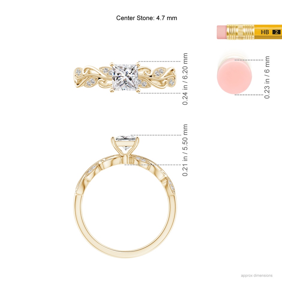 4.7mm IJI1I2 Vintage Inspired Princess-Cut Diamond Ring with Scrollwork in Yellow Gold ruler
