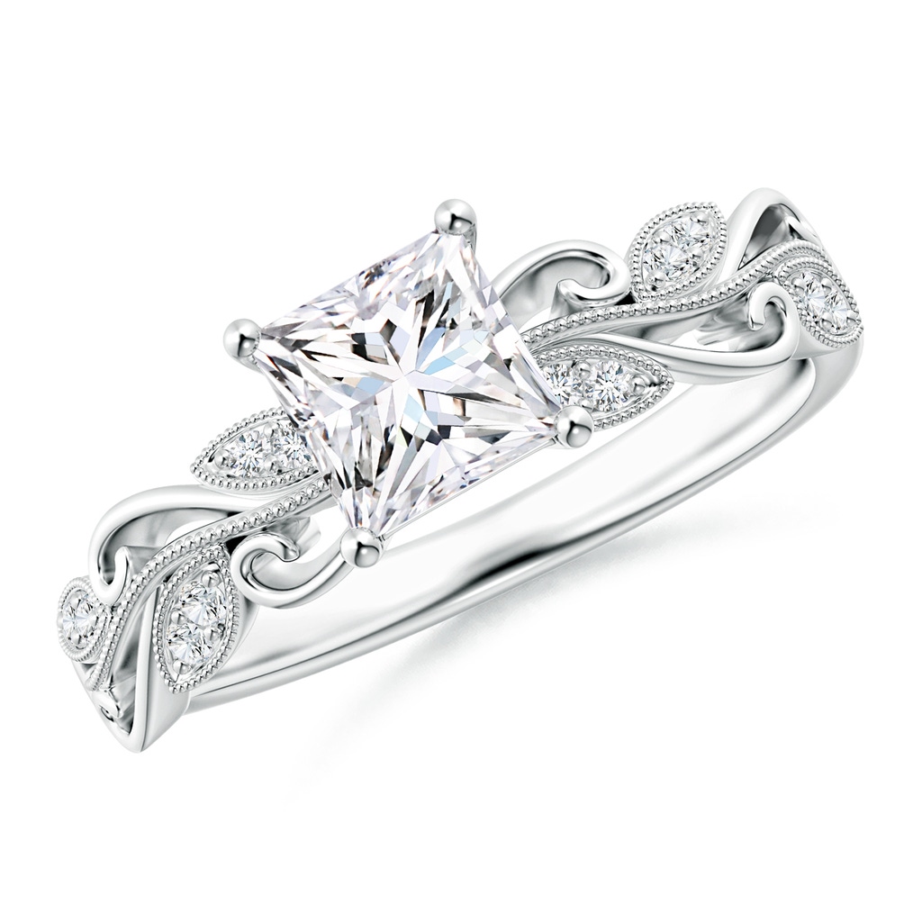 5.4mm GVS2 Vintage Inspired Princess-Cut Diamond Ring with Scrollwork in 18K White Gold