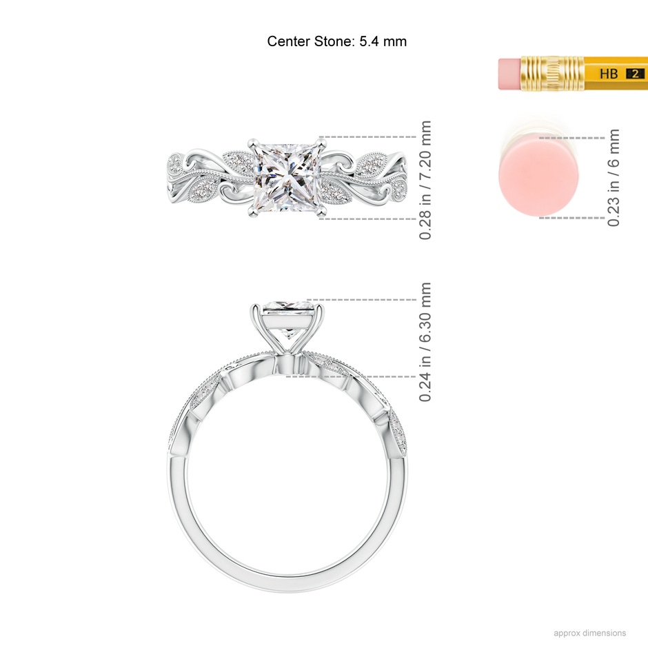 5.4mm IJI1I2 Vintage Inspired Princess-Cut Diamond Ring with Scrollwork in White Gold ruler