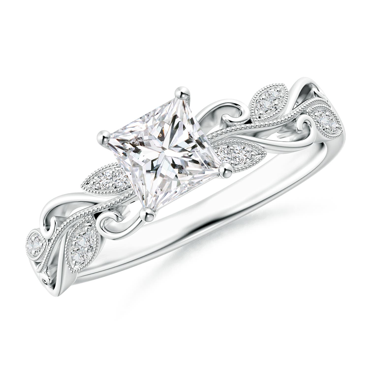 5mm HSI2 Vintage Inspired Princess-Cut Diamond Ring with Scrollwork in 18K White Gold