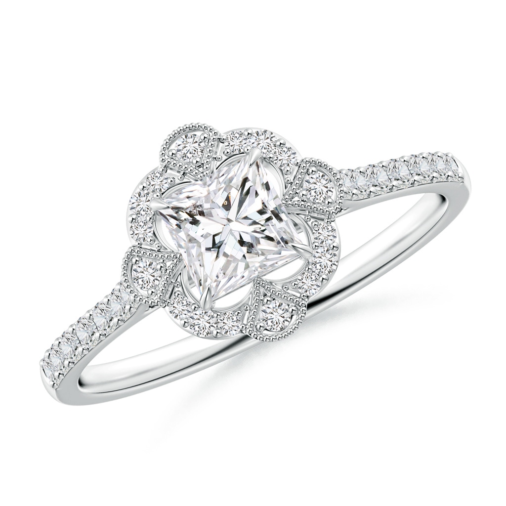 4.5mm HSI2 Vintage Inspired Princess-Cut Diamond Ring with Ornate Halo in White Gold