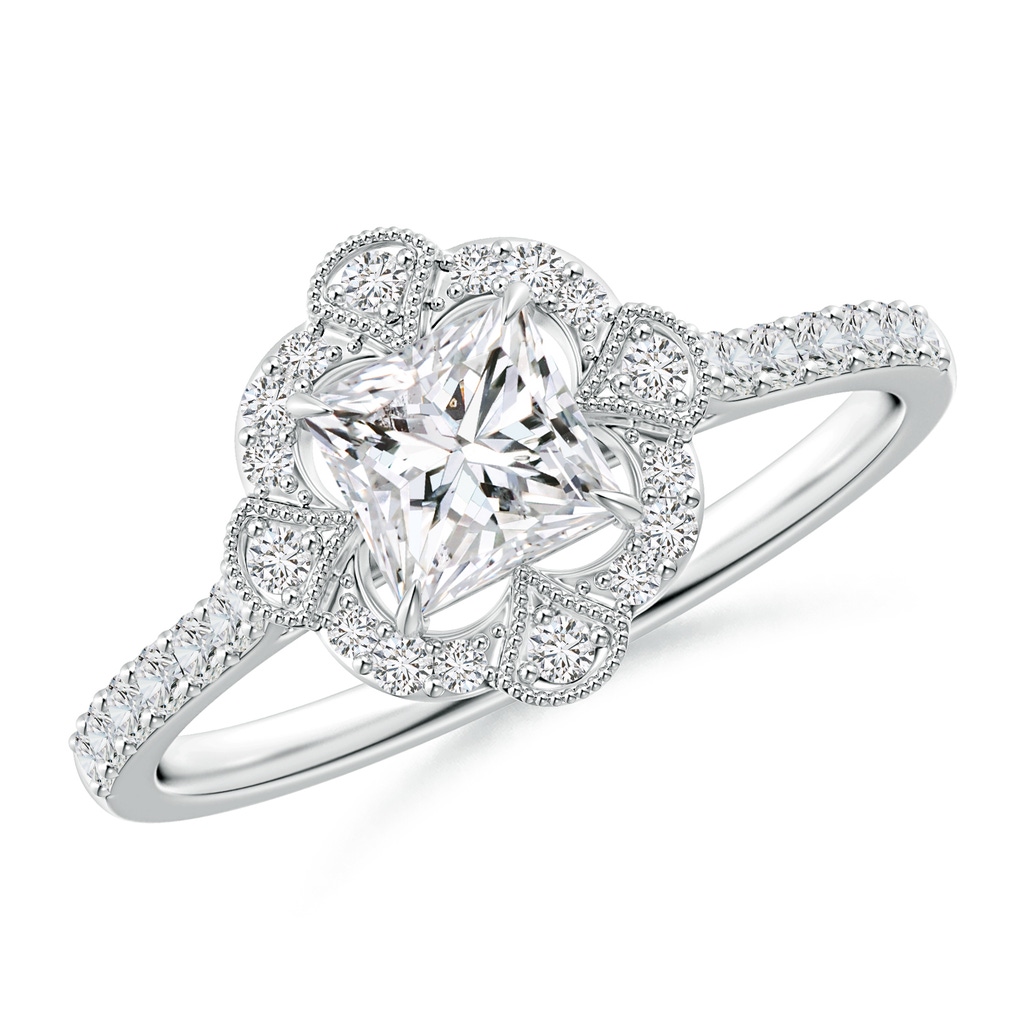 4.9mm HSI2 Vintage Inspired Princess-Cut Diamond Ring with Ornate Halo in White Gold