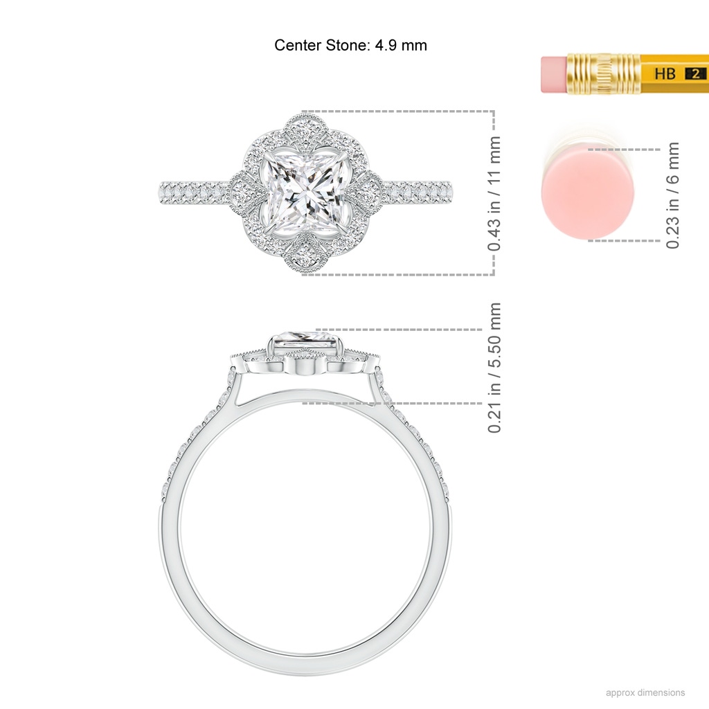 4.9mm HSI2 Vintage Inspired Princess-Cut Diamond Ring with Ornate Halo in White Gold Ruler