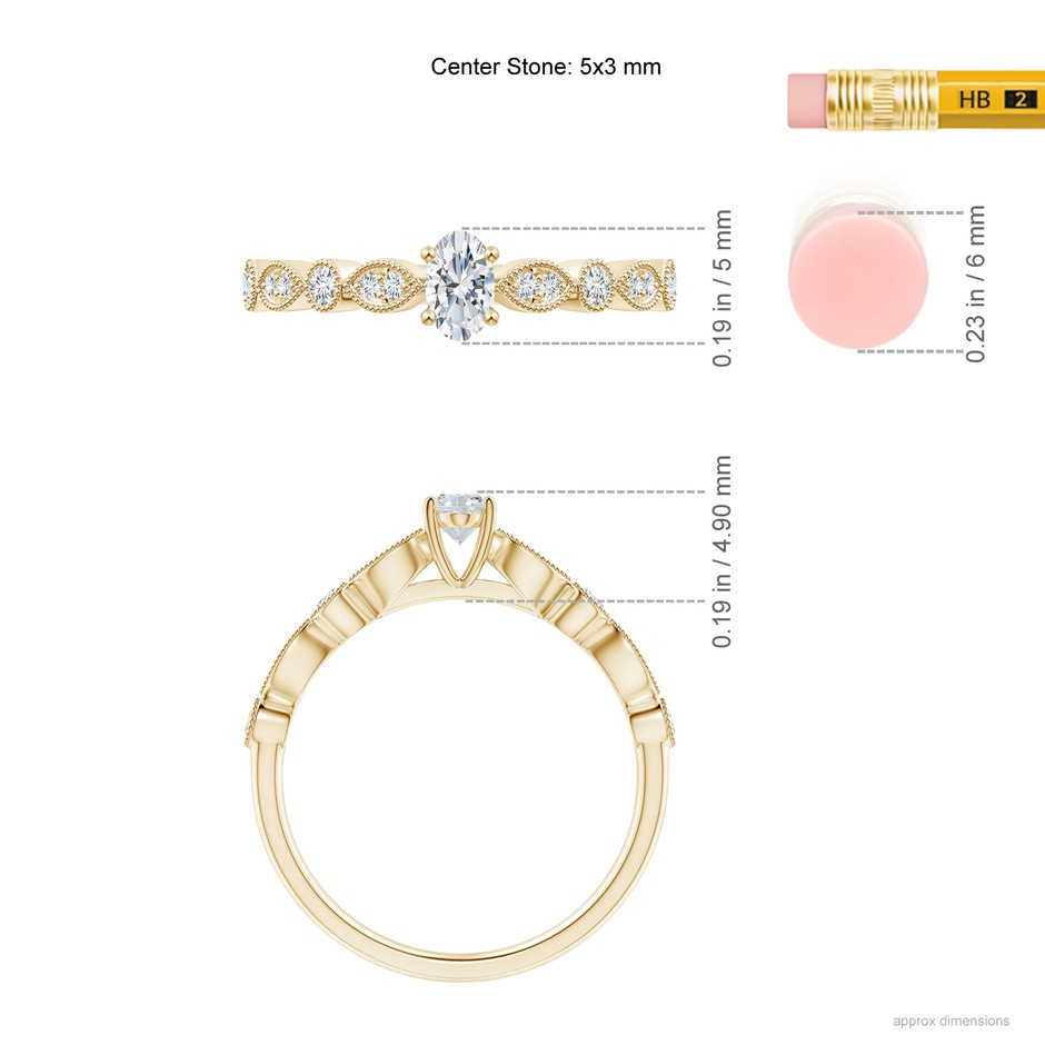 5x3mm GVS2 Vintage Inspired Oval Diamond Marquise and Dot Ring in Yellow Gold ruler