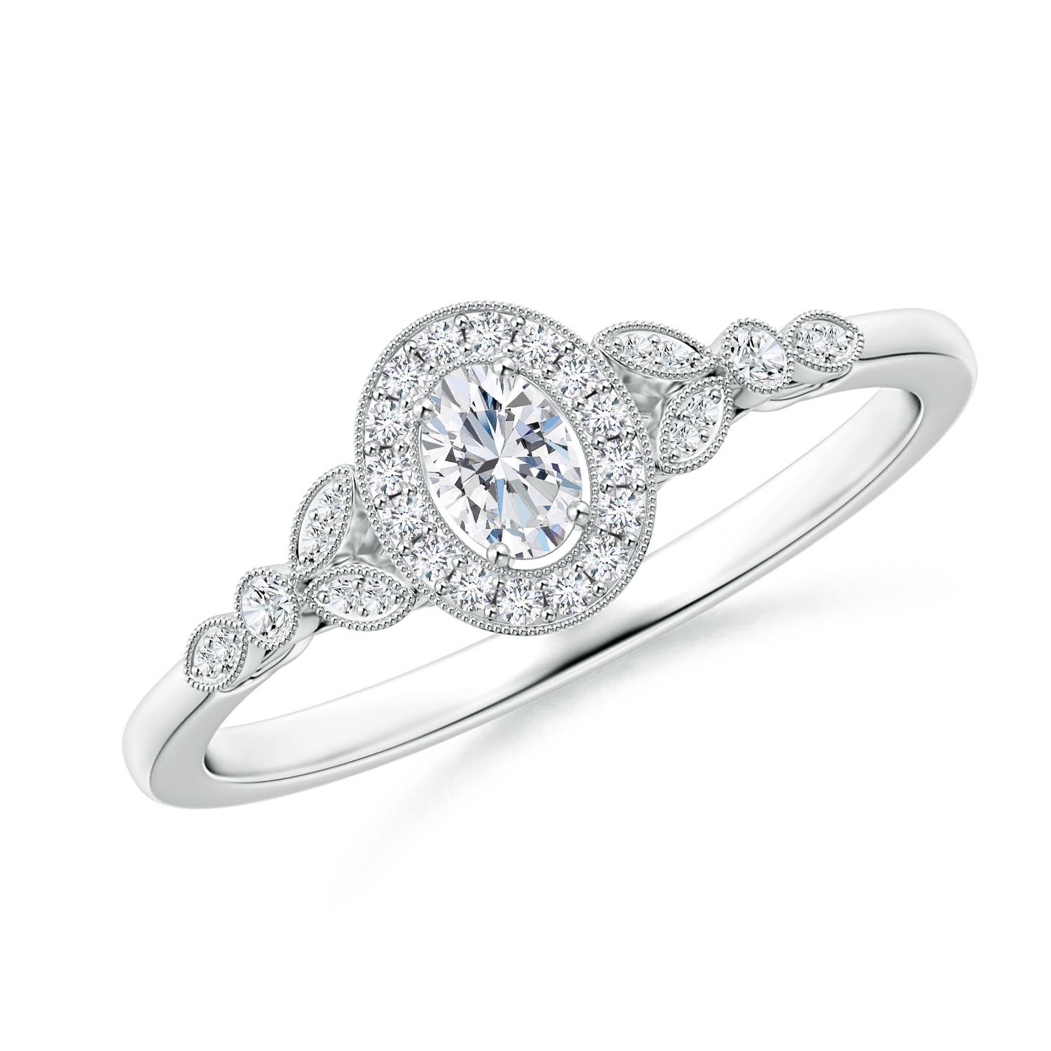 4x3mm GVS2 Vintage Inspired Oval Diamond Halo Engagement Ring in 18K White Gold