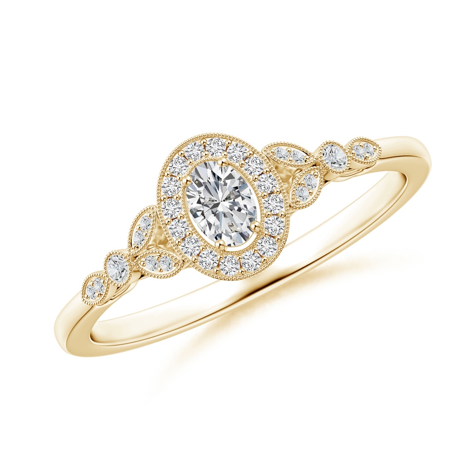 4x3mm HSI2 Vintage Inspired Oval Diamond Halo Engagement Ring in Yellow Gold 