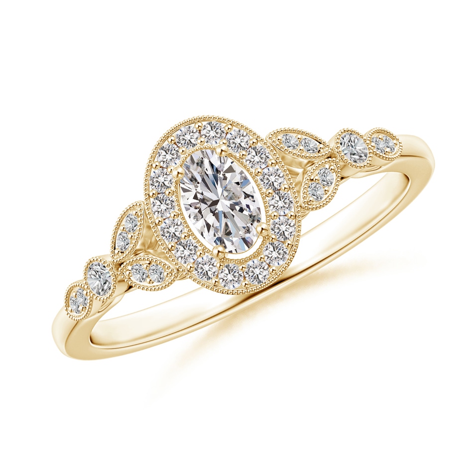 5x3mm IJI1I2 Vintage Inspired Oval Diamond Halo Engagement Ring in Yellow Gold 