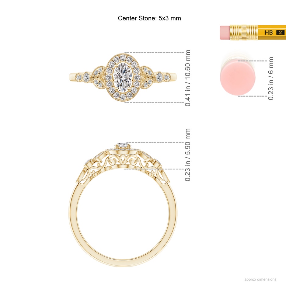 5x3mm IJI1I2 Vintage Inspired Oval Diamond Halo Engagement Ring in Yellow Gold ruler