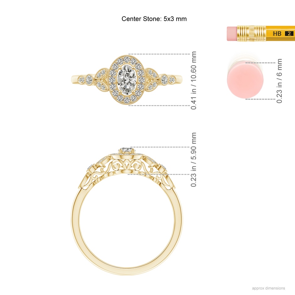 5x3mm KI3 Vintage Inspired Oval Diamond Halo Engagement Ring in 18K Yellow Gold ruler
