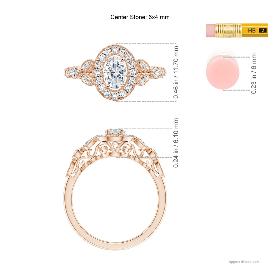 6x4mm GVS2 Vintage Inspired Oval Diamond Halo Engagement Ring in Rose Gold ruler