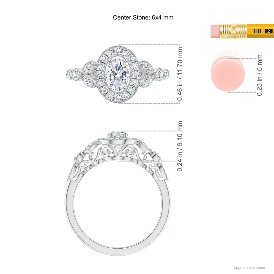 6x4mm GVS2 Vintage Inspired Oval Diamond Halo Engagement Ring in White Gold ruler