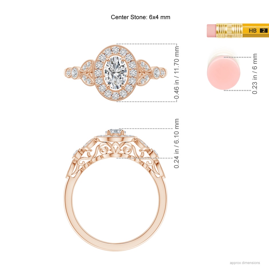 6x4mm HSI2 Vintage Inspired Oval Diamond Halo Engagement Ring in Rose Gold ruler