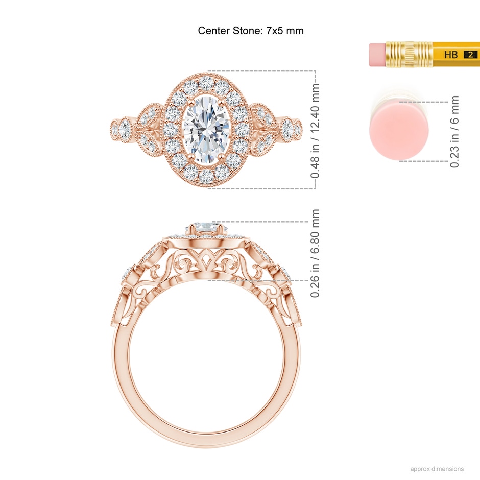 7x5mm GVS2 Vintage Inspired Oval Diamond Halo Engagement Ring in 18K Rose Gold ruler