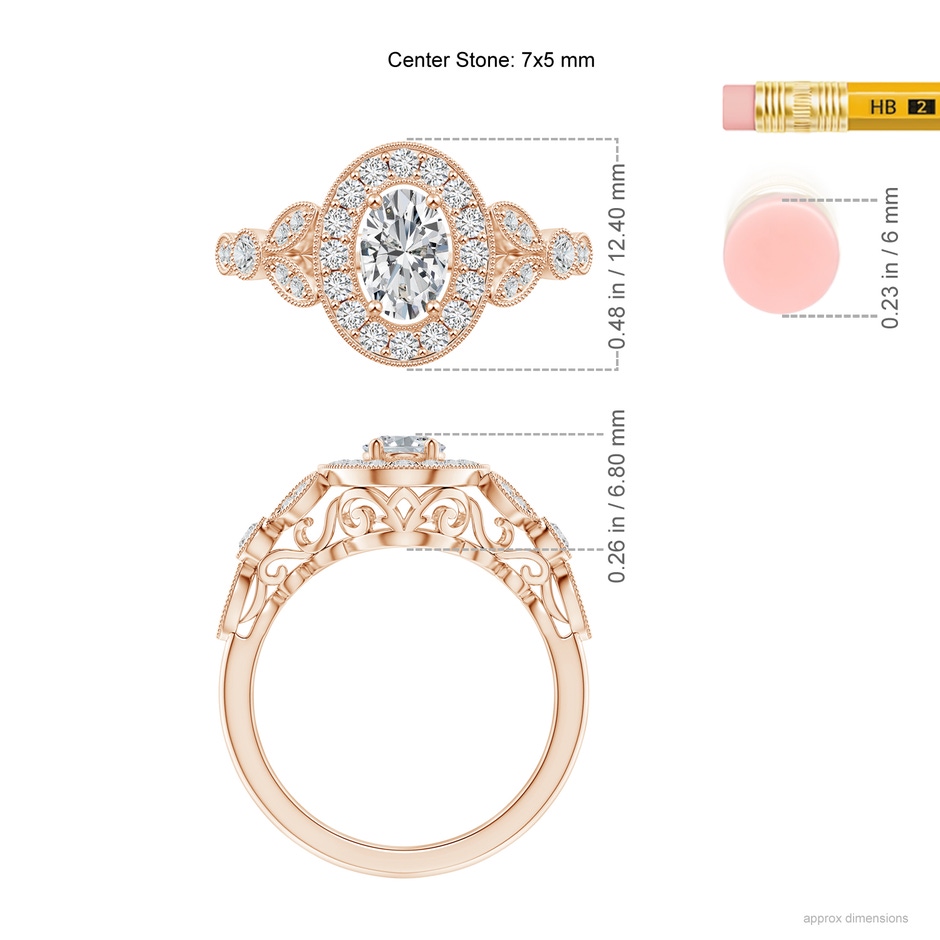 7x5mm HSI2 Vintage Inspired Oval Diamond Halo Engagement Ring in Rose Gold ruler