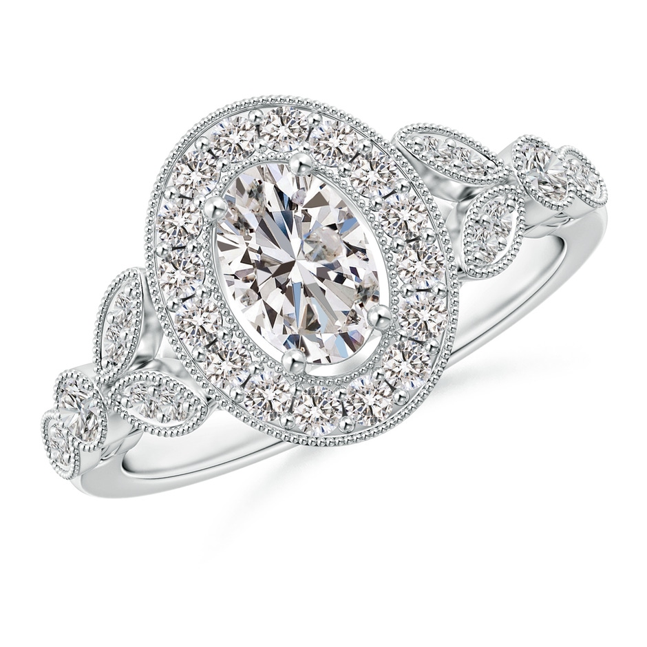 7x5mm IJI1I2 Vintage Inspired Oval Diamond Halo Engagement Ring in White Gold 