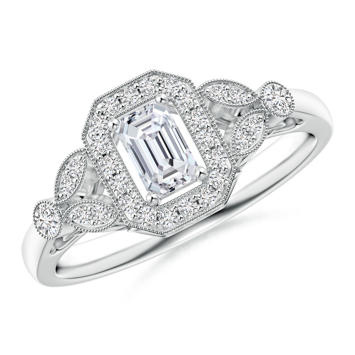 Vintage Inspired Emerald-Cut Diamond Halo Engagement Ring