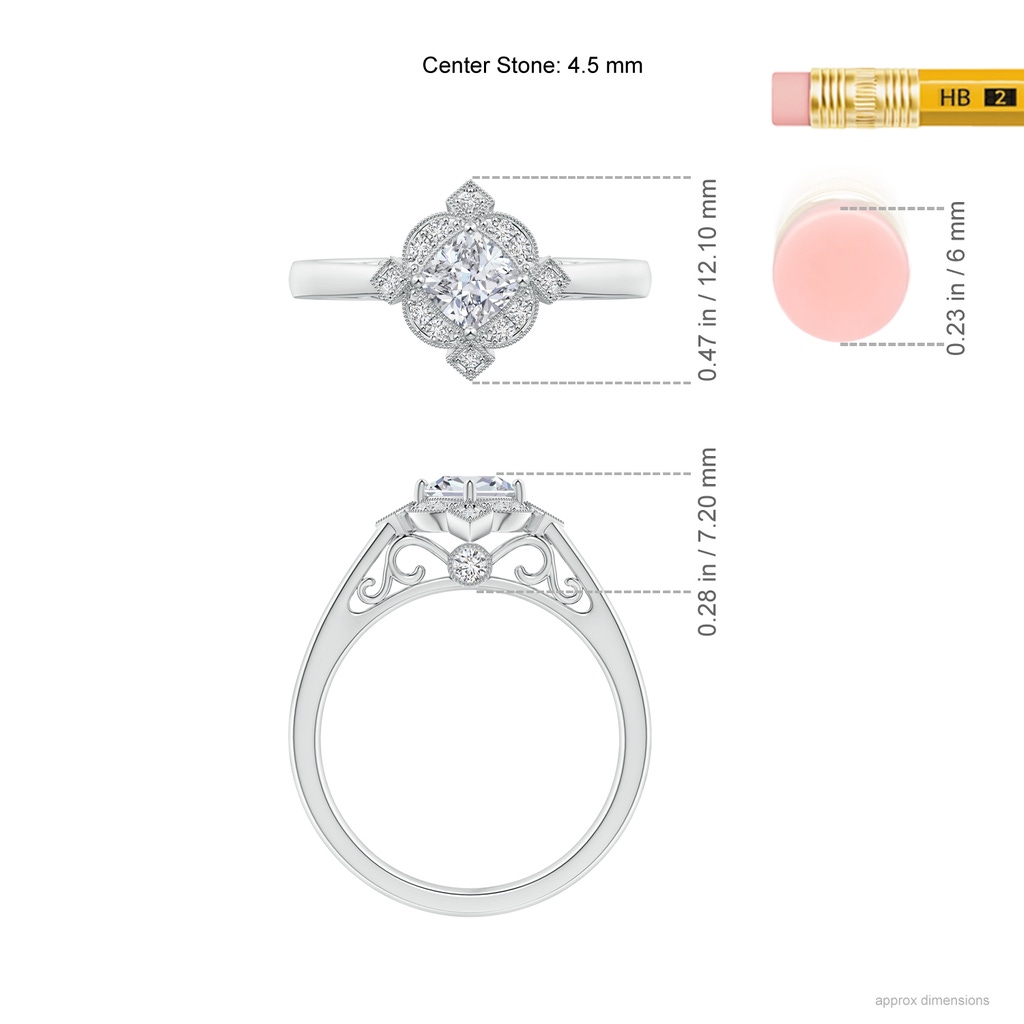 4.5mm HSI2 Art Deco Style Cushion Diamond Filigree Engagement Ring in White Gold Ruler