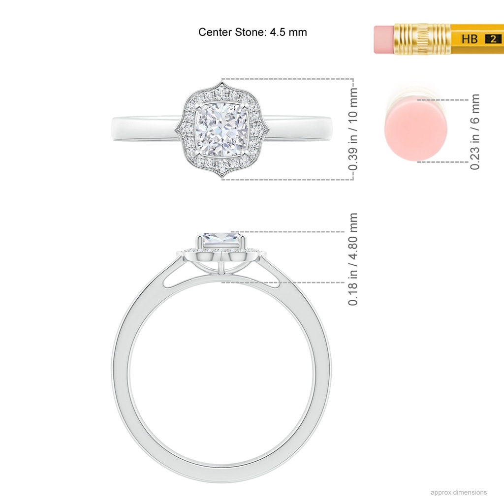 4.5mm GVS2 Art Deco Style Cushion Diamond Halo Engagement Ring in White Gold Ruler