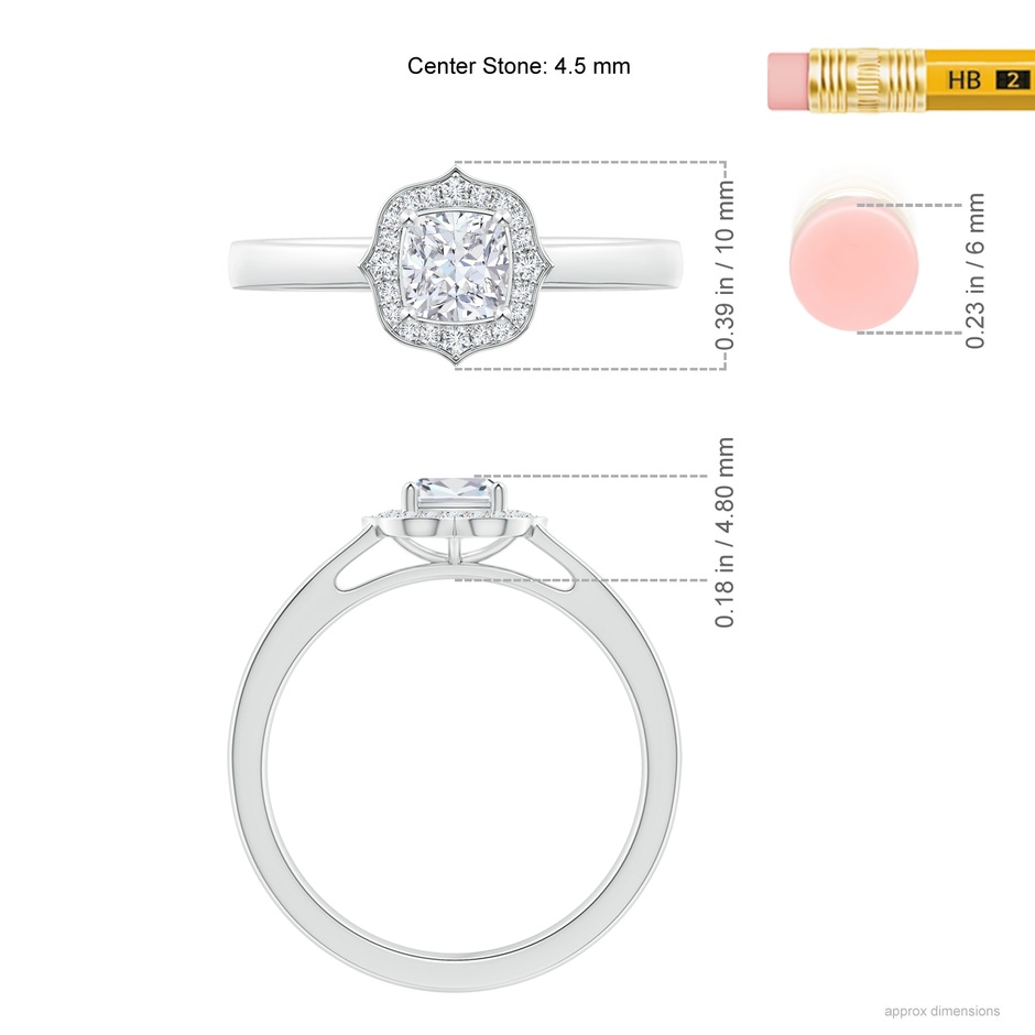 4.5mm GVS2 Art Deco Style Cushion Diamond Halo Engagement Ring in White Gold ruler