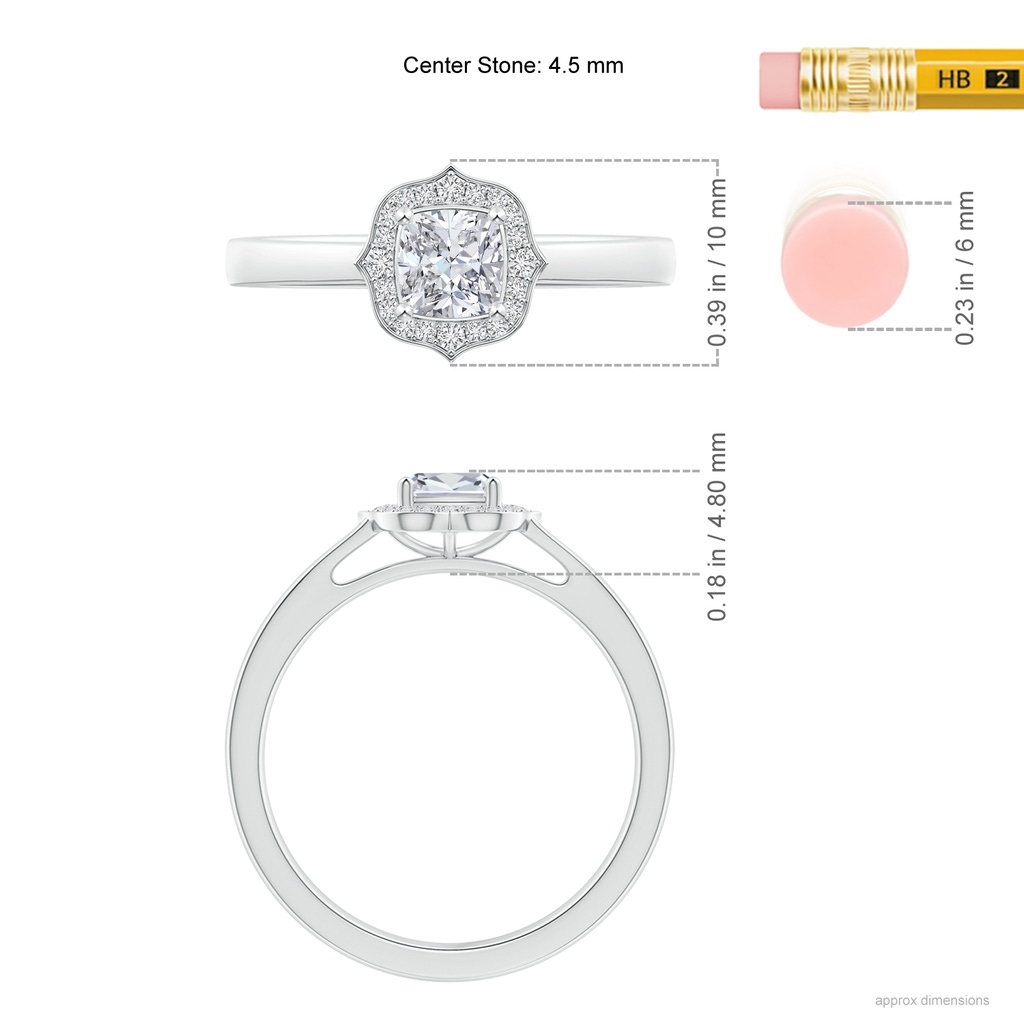 4.5mm HSI2 Art Deco Style Cushion Diamond Halo Engagement Ring in White Gold Ruler